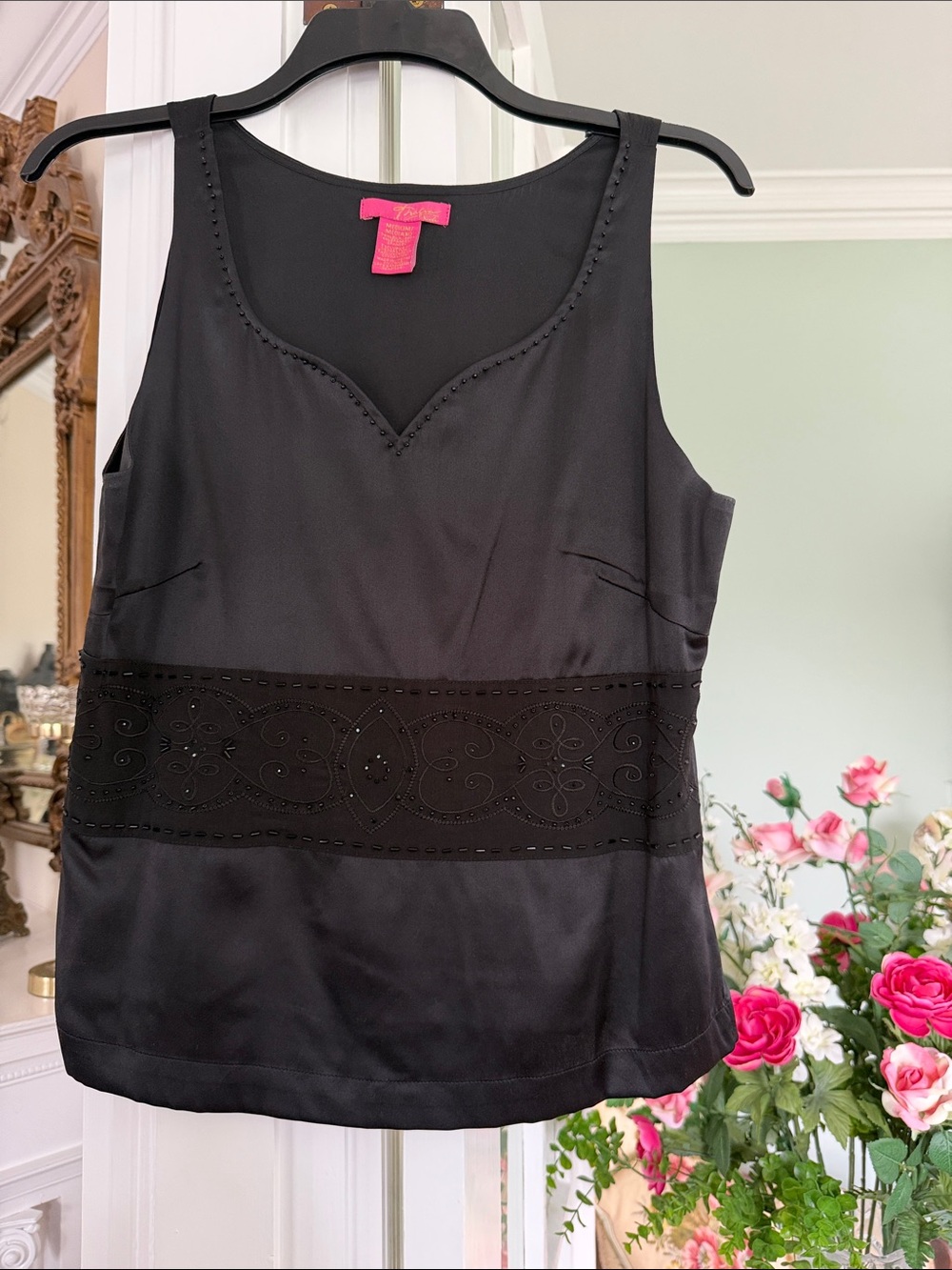 Black Embroidered Sleeveless Camisole with bead detail, size Medium